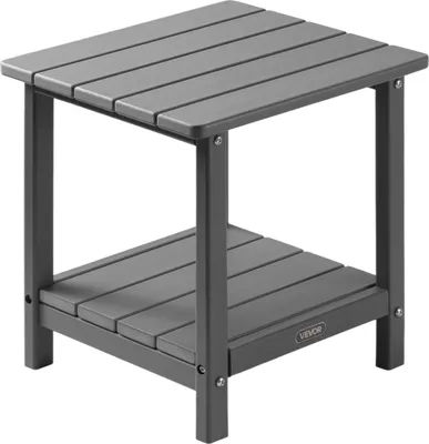 A gray plastic side table with two shelves, shown from a three-quarter angle against a white background.