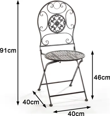 A gray metal folding chair with dimensions indicated by measurement lines and text.