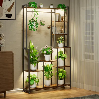 Productafbeelding van Plantenrek met plantenlamp – 180 cm hoog, 8 niveaus, metaal, vierkant ontwerp, plantenrek voor woonkamer, balkon, terras en tuin