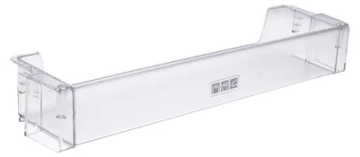 A clear plastic refrigerator door shelf.