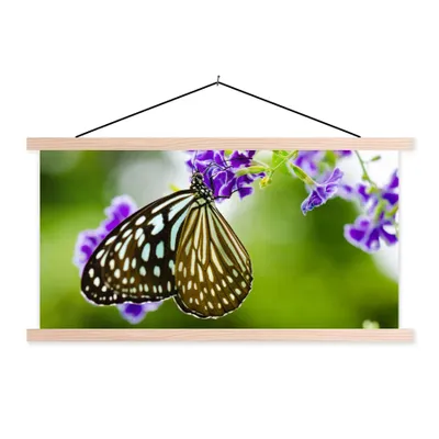 Produktbild von MuchoWow® Textilposter Lavendel - Schmetterling - Botanisch 60x30 cm mit holzfarbenen Rahmen - Dekoration