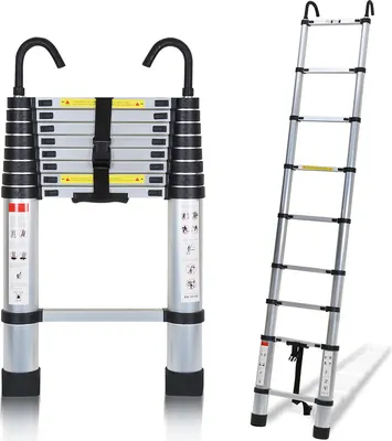 Produktbild von SWANEW Teleskopický skladací rebrík Stabilný hliníkový rebrík do 150 kg 2,6 m strieborný s hákom