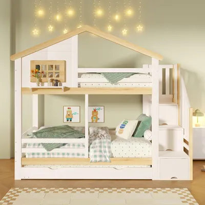 Image de Flieks Lit superposé 90x200cm avec lit gigogne, lit d'enfant lit de maison avec escalier et tiroirs, lit surélevé en bois lit superposé avec antichute