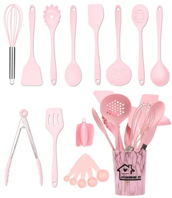 Immagine prodotto di Set da cucina in silicone da 18 pezzi - Resistente al calore e lavabile in lavastoviglie - Rosa