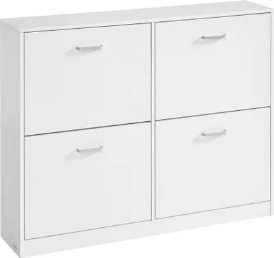 A white shoe cabinet with four flip-down drawers and silver handles.