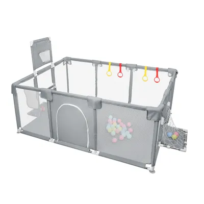 Image de Parc pour bébé 180*120cm Barrière de sécurité avec 50 ballons, panier de basket, maille respirante Gris foncé