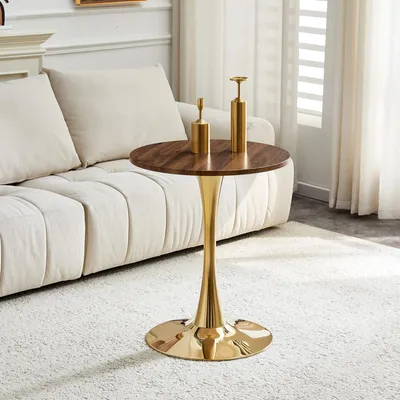 Produktbild von Runder Beistelltisch 60 cm, Walnuss-Optik, MDF, goldene Metallbeine