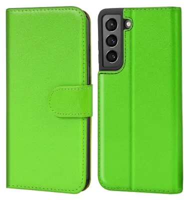 A green book-style phone case is shown from the front and back.
