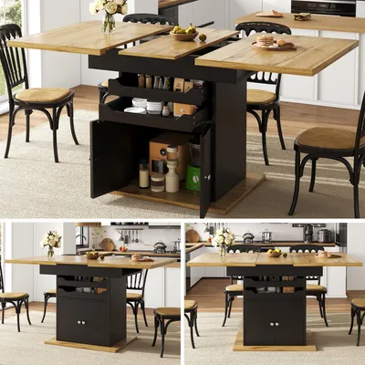 Image de Sweiko Table de salle à manger télescopique (110-140×80cm), table de cuisine pliante pour 4-6 personnes, table de salle à manger extensible, table de cuisine peu encombrante, table avec deux tiroirs et une armoire de rangement