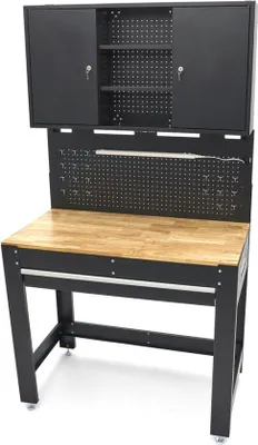 Produktbild von 115 cm lange Werkbank mit Holzwerkblatt, hinterer Wand mit Schubladen, LED-Beleuchtung, Steckdosen