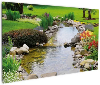 Produktbild von Wallario Premium Leinwandbild Blumen am Teich in Größe 60 x 90 cm