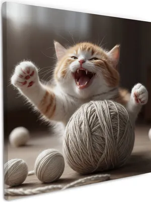 Produktbild von Wallario Premium Leinwandbild Katze mit Wollknäuel in Größe 50 x 50 cm