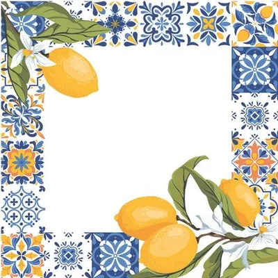 Produktbild von 20 Servietten Frame with Tiles and Lemon - Gelbe Zitronen an Fliesenmuster 33x33cm