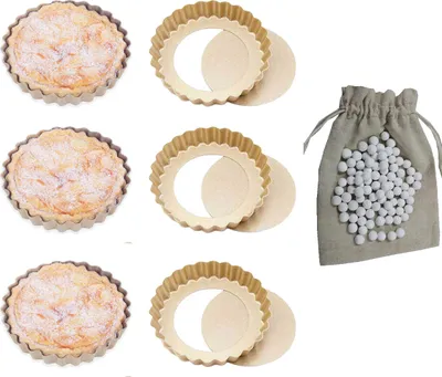 Obrázek produktu pro CANDeal 6 kusů mini kulaté koláčové formy Quiche Mould Pie Pan a 500 g keramických pečicích fazolí, nepřilnavé s volným dnem a Quiche Pan Moulds, drážkované koláčové formy Pie Tins Pan