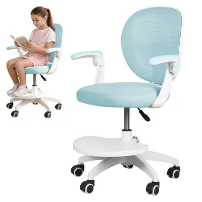 Produktbild von Kinderschreibtischstuhl mit verstellbarer Fußstütze und klappbaren Armlehnen, Kinder-Computerstuhl, 360° drehbarer Bürostuhl mit Netzbezug für Zuhause, Schlafzimmer oder Lernzimmer
