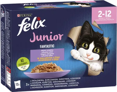 Produktbild von Felix Fantastic Junior Kitten Krmivo pro koťata s výběrem příchutí v želé 1,02 kg (12 X 85 G)