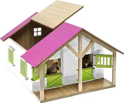 Immagine prodotto di Kids Globe Farming Pferde Stall aus Holz 1:24, mit Werkstatt, Dach+Tür beweglich