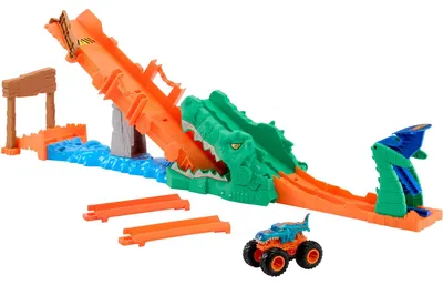 Produktbild von Hot Wheels Monster Trucks Crocodile Crash Challenge Spielset und Mega-Wrex-Spielfahrzeug im Maßstab 1:64, Fahrzeug- & Schienen-Set, 4 Jahr(e), Kunststoff, Metall, Mehrfarbig