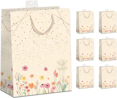 Produktbild von GreenLine Geschenktaschen 6 Stück edle Geschenktüten aus Zuckerrohrpapier Tragetasche 100% Baumfrei Geschenkbeutel mit Baumwollkordel und Namenskarte Skorpion Papeterie (Motiv: Blumen, Größe: Large 26x32x12 cm)
