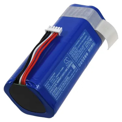 A close-up, angled view of a blue lithium-ion battery pack with wires and a white connector.