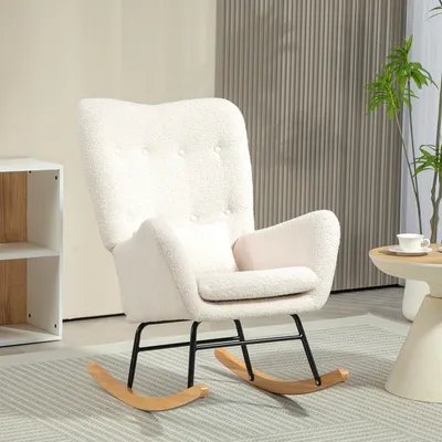 Produktbild von Schaukelstuhl Teddystoff Lendenkissen, Schaukelsessel kuschelig gepolstert, Relaxsessel Cremeweiß | 92x69x100 cm | 90°–115° | Kautschukholzfüße