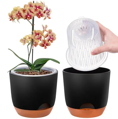 Produktbild von 2er-Set Orchideentopf Groß 18,2 cm Doppelschicht Selbstbewässerung Schwarz