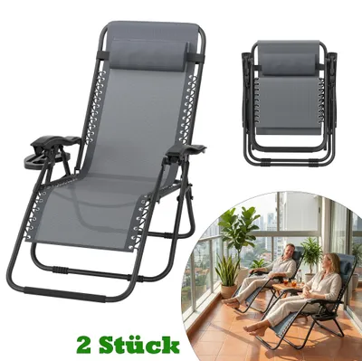Produktbild von LARS360 2 Stück Hellgrau Klappbarer Liegestuhl, Strandstuhl, Relaxliege für Outdoor, max. 120kg, mit Kissen, Faltbar für Camping, Garten und Pool, bequem und platzsparend