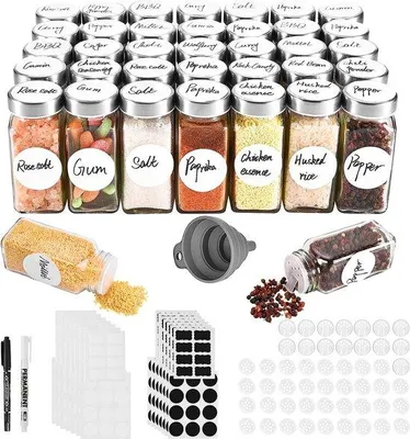 Image de Ensemble de 35 pots à épices Unyqoos®, carrés, de 120 ml – Pots en verre avec couvercles en acier inoxydable, doseur, entonnoir en silicone pliable, étiquettes et filtres