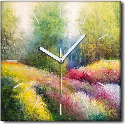 Produktbild von Coloray Uhr auf Leinwand 30x30 cm Wand Uhr Dekoration Wohnzimmer Segeltuch weiße Zeiger -Wiese Frühling Nature.