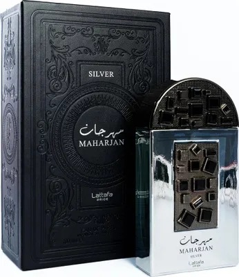 A perfume bottle and its packaging are displayed against a white background.