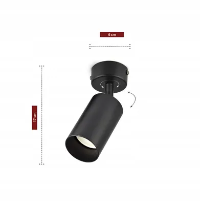 A black metal spotlight fixture shown against a white background, with dimensions indicated by red bars and text.