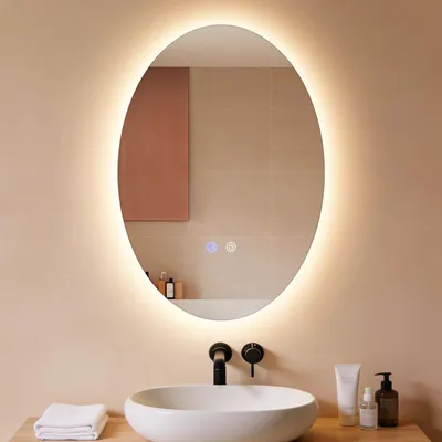 Image de ZMH Lampe pour miroir LED Miroir de salle de bain 50 x 70 cm Miroir mural de salle de bain Interrupteur tactile Fonction anti-buée Miroir lumineux à intensité variable Ovale