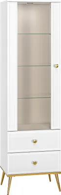 A white display cabinet with glass doors and gold accents.