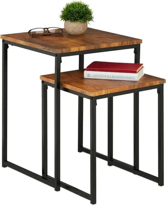 Produktbild von Relaxdays Beistelltisch 2er Set, stapelbar, Industrie Design, Satztisch 2 Größen, quadratisch, Metall, hellbraun/schwarz