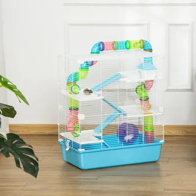 Produktbild von Hamsterkäfig 5 Etagen, Nagerkäfig Stahldraht, Kleintierkäfig mit Laufrad Rampe Trinkflasche, Hellblau+Weiß | 59x36x69 cm | 5,3 kg