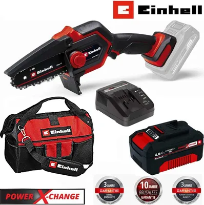 A collage of a mini chainsaw, its battery, charger, and carrying bag, along with warranty badges.