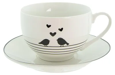 Image de Clayre & Eef Tasse avec soucoupe 220 ml Blanc Noir Porcelaine Coeurs Oiseaux
