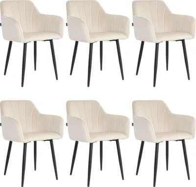 Produktbild von Lina® Rio Samt Esszimmerstühle 6er Set Creme – Mit Armlehnen & schwarzen Metallbeinen – Ideal für Wohnzimmer, Büro & Esszimmer