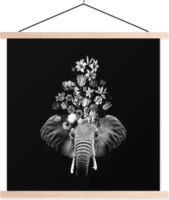 Produktbild von MuchoWow® Textilposter Elefant - Blumen - Schwarz - Weiß 120x120 cm mit holzfarbenen Rahmen - Textil-Poster
