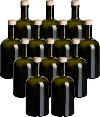 Produktbild von gouveo 12er Set Glasflaschen 500 ml Klassik Antik mit Korken (HGK) - Leere Flasche 0,5 l aus Glas zum Befüllen - Glasflasche für Likör, Gin, Öl, Essig