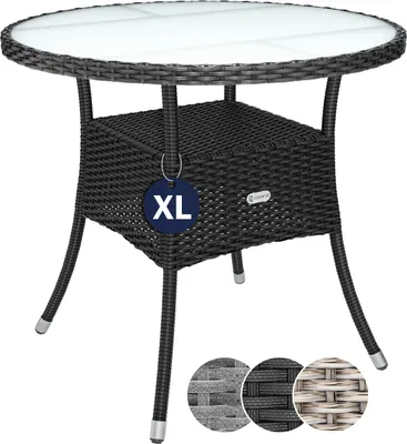 Produktbild von CASARIA Gartentisch Polyrattan Rund, 80 cm, Schwarz, 5mm Sicherheitsglas, höhenverstellbar, 80 kg belastbar, wetterfest, pflegeleicht, mit Ablage