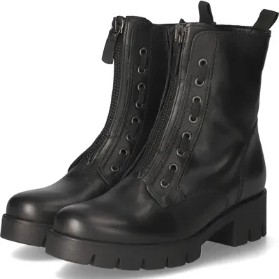 A pair of black leather ankle boots with zippers and laces, presented on a white background.