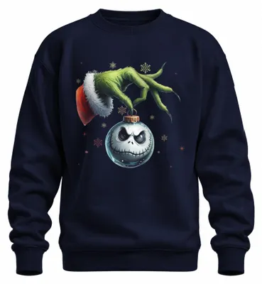 Imagen del producto de Sudadera retro uni con diseño de Grinch, Jack Skellington y motivos navideños, color azul marino, talla M