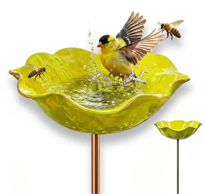 Produktbild von Vogeltränke Garten Metall, Bienen Tränke mit Erdspieß, rostfrei & frostbeständig, dekorative Gartenskulptur für Vögel, Bienen & Schmetterlinge-Gelb
