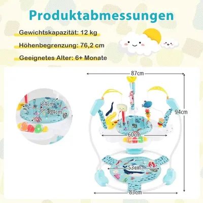 Zdjęcie produktu dla Baby Sky Jumperoo z regulowaną wysokością, zabawkami i chodzikiem z pozytywką w kolorze jasnoniebieskim