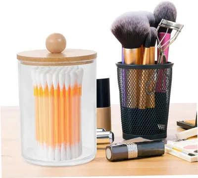 Imagen del producto de 3 organizadores transparentes para cosméticos con tapa de bambú: cajas de almacenamiento versátiles para discos de algodón, hisopos y palillos dentales, y recipientes transparentes para discos de algodón, ideales para el baño