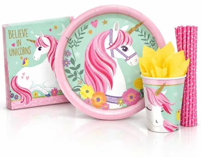 Produktbild von Einhorn Partyset Geburtstag Kindergeburtstag Einweggeschirr Party Deko Teller Becher Servietten