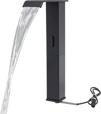 A black automatic sensor faucet with water flowing from the top.