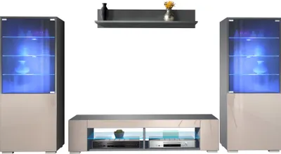 Produktbild von Vladon Wohnwand Nevada V2, Anbauwand bestehend aus 2 Vitrinen, 1 TV-Board und 1 Wandregal Anthrazit matt/Sandgrau Hochglanz inkl. LED Beleuchtung (304,5 x 141 x 39 cm)