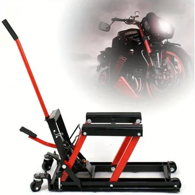 Immagine prodotto di Ponte sollevatrice per motocicli, idraulica - Cavalletto per moto rosso con piattaforma pieghevole e superfici in gomma